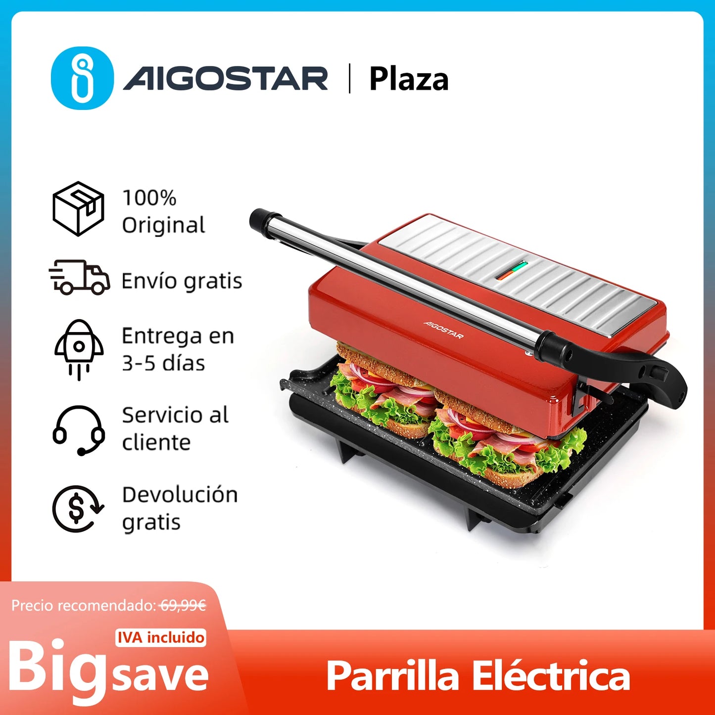 Parrilla Eléctrica, Máquina de Panini y Sandwichera,