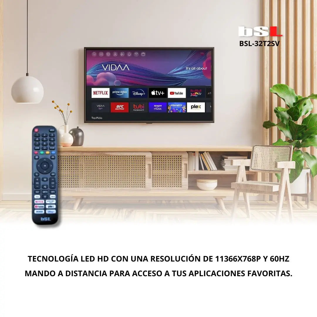 BSL-32T2SV VIDAA SMART TV 32 Pulgadas | WIFI RJ45 | Hd1366x720p | USB | DVBT2/S2/C | Youtube Netflix Disney + Dazn Prime | HDMI