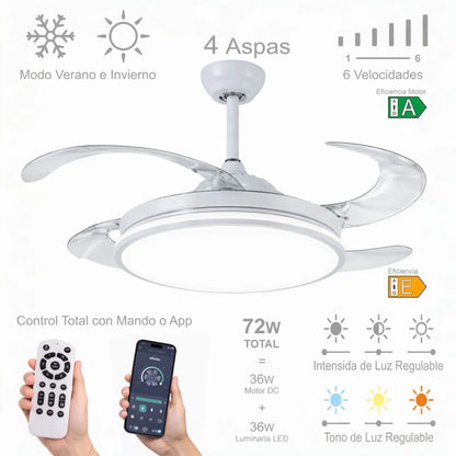 Ventilador de techo  con luz LED 36W Blanco en 3 Temperaturas de Luz con Mando a Distancia -Motor DC Eficiente y Silencioso, 3 tonalidades, aspas desplegables retráctiles, 6 velocidades, control remoto, memoria, temporizador
