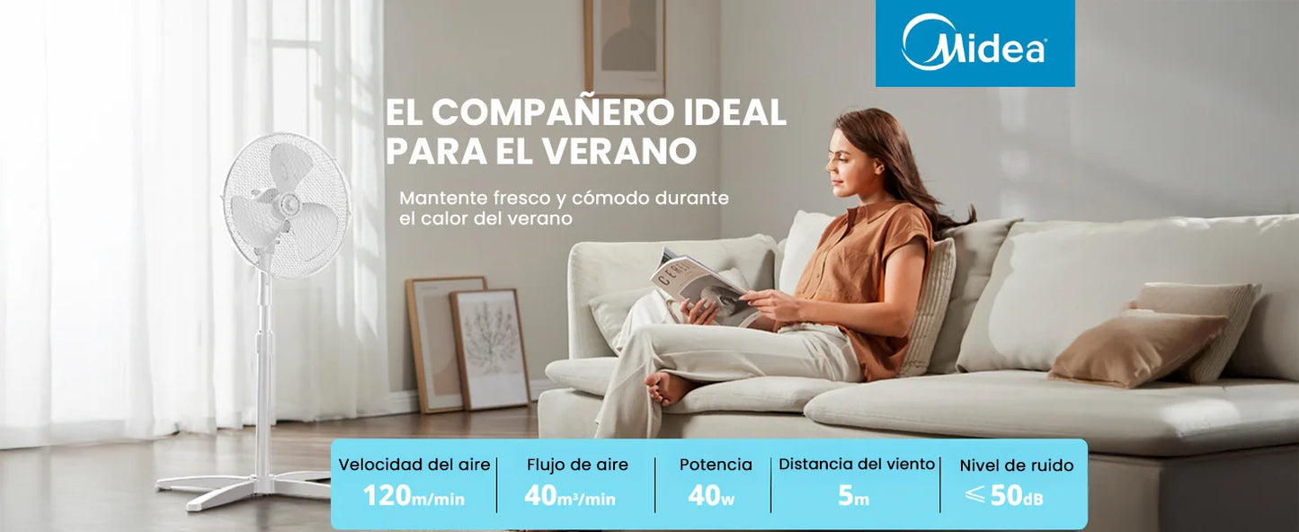 MIDEA Ventilador de Pie de 3 Velocidades y 40W - Ventilador Silencioso con Oscilación 90º y Altura Ajustable - Flujo de Aire Potente 40m3/min, Ligero y Fácil transporte, Cabezal Reclinable - 1 unidad