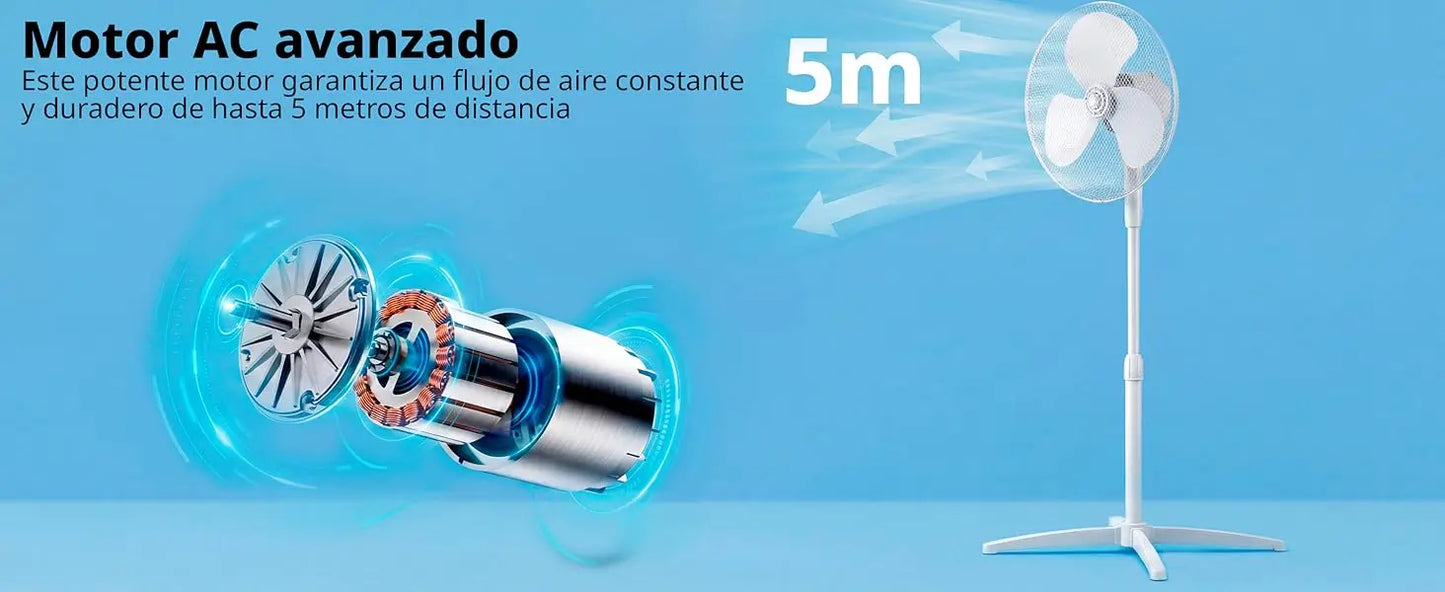 MIDEA Ventilador de Pie de 3 Velocidades y 40W - Ventilador Silencioso con Oscilación 90º y Altura Ajustable - Flujo de Aire Potente 40m3/min, Ligero y Fácil transporte, Cabezal Reclinable - 1 unidad