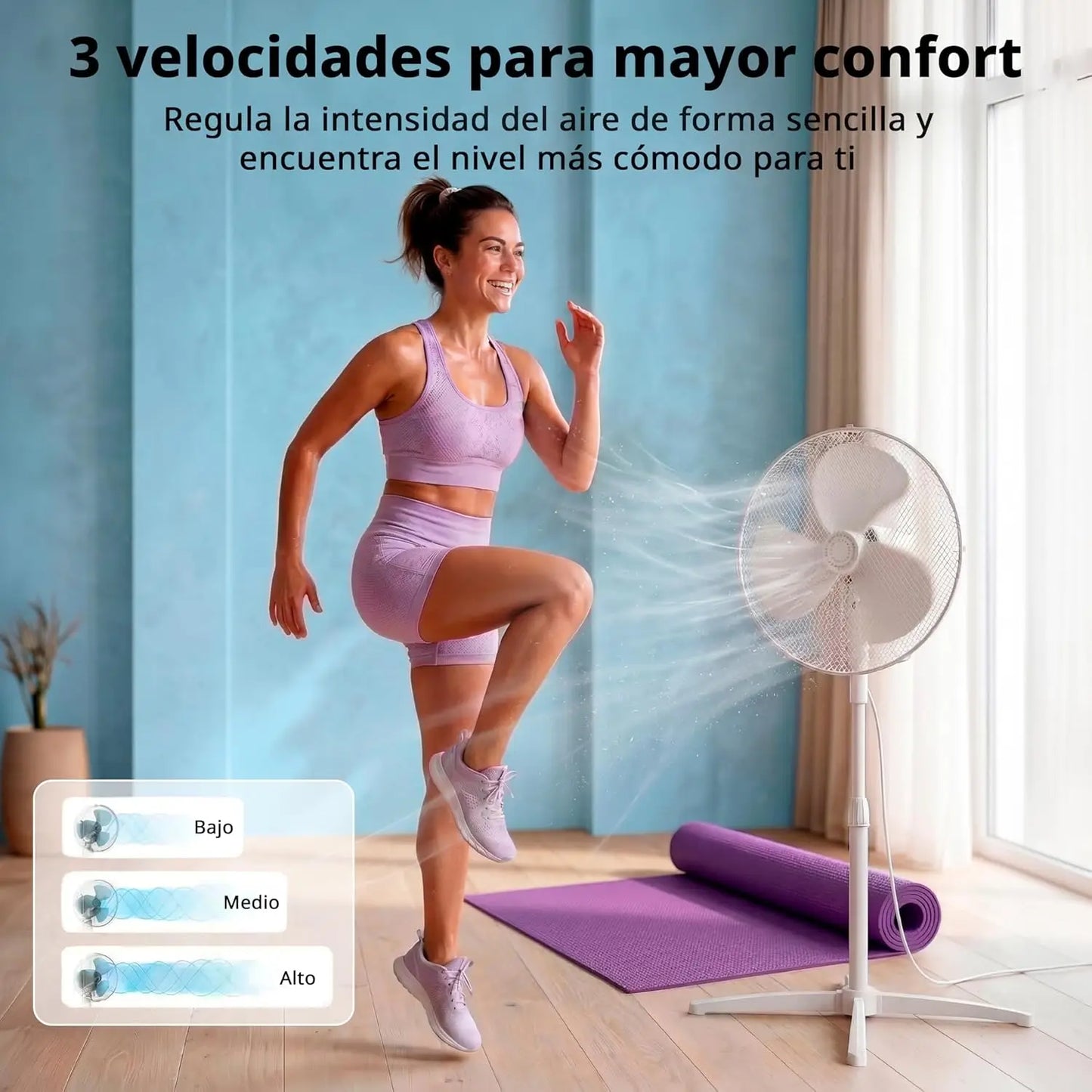 MIDEA Ventilador de Pie de 3 Velocidades y 40W - Ventilador Silencioso con Oscilación 90º y Altura Ajustable - Flujo de Aire Potente 40m3/min, Ligero y Fácil transporte, Cabezal Reclinable - 1 unidad