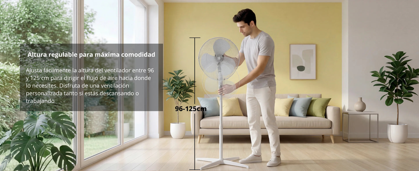MIDEA Ventilador de Pie de 3 Velocidades y 40W - Ventilador Silencioso con Oscilación 90º y Altura Ajustable - Flujo de Aire Potente 40m3/min, Ligero y Fácil transporte, Cabezal Reclinable - 1 unidad
