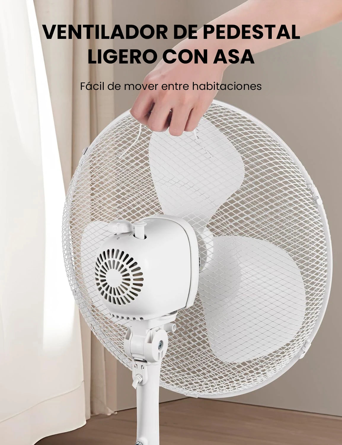 MIDEA Ventilador de Pie de 3 Velocidades y 40W - Ventilador Silencioso con Oscilación 90º y Altura Ajustable - Flujo de Aire Potente 40m3/min, Ligero y Fácil transporte, Cabezal Reclinable - 1 unidad