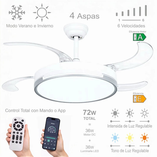 Ventilador de techo  con luz LED 36W Blanco en 3 Temperaturas de Luz con Mando a Distancia -Motor DC Eficiente y Silencioso, 3 tonalidades, aspas desplegables retráctiles, 6 velocidades, control remoto, memoria, temporizador