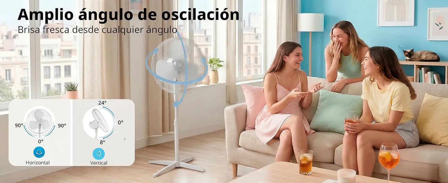 MIDEA Ventilador de Pie de 3 Velocidades y 40W - Ventilador Silencioso con Oscilación 90º y Altura Ajustable - Flujo de Aire Potente 40m3/min, Ligero y Fácil transporte, Cabezal Reclinable - 1 unidad