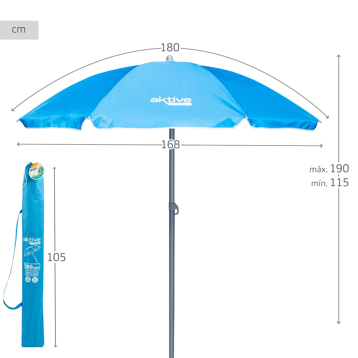 Aktive - Sombrilla playa antiviento.180 cm, 200 cm o 220 cm,