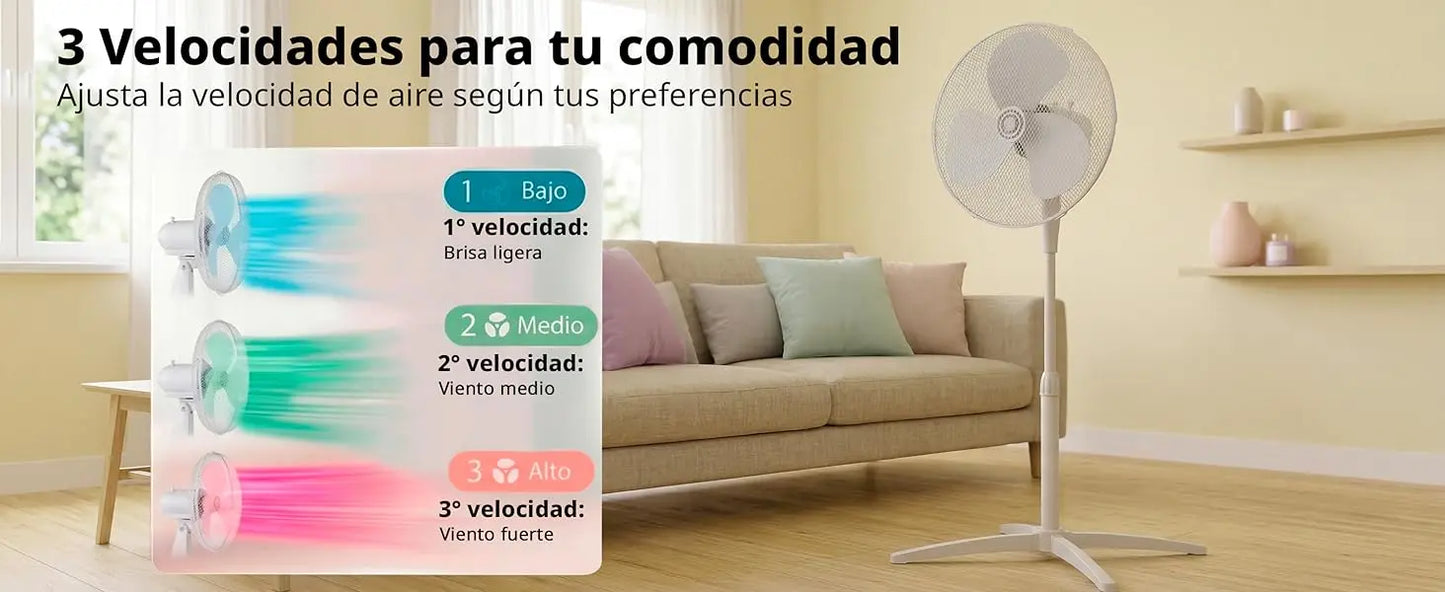 MIDEA Ventilador de Pie de 3 Velocidades y 40W - Ventilador Silencioso con Oscilación 90º y Altura Ajustable - Flujo de Aire Potente 40m3/min, Ligero y Fácil transporte, Cabezal Reclinable - 1 unidad