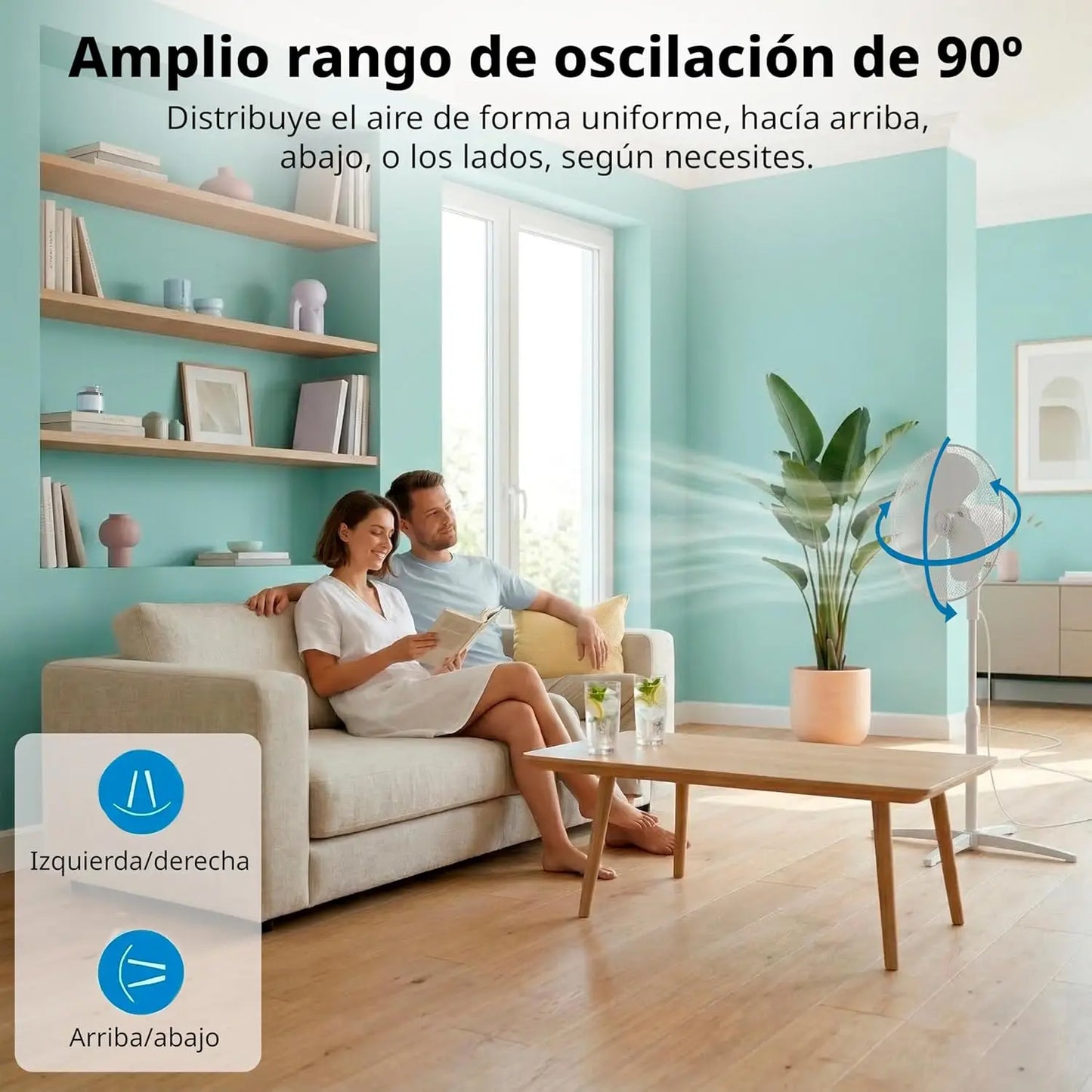 MIDEA Ventilador de Pie de 3 Velocidades y 40W - Ventilador Silencioso con Oscilación 90º y Altura Ajustable - Flujo de Aire Potente 40m3/min, Ligero y Fácil transporte, Cabezal Reclinable - 1 unidad