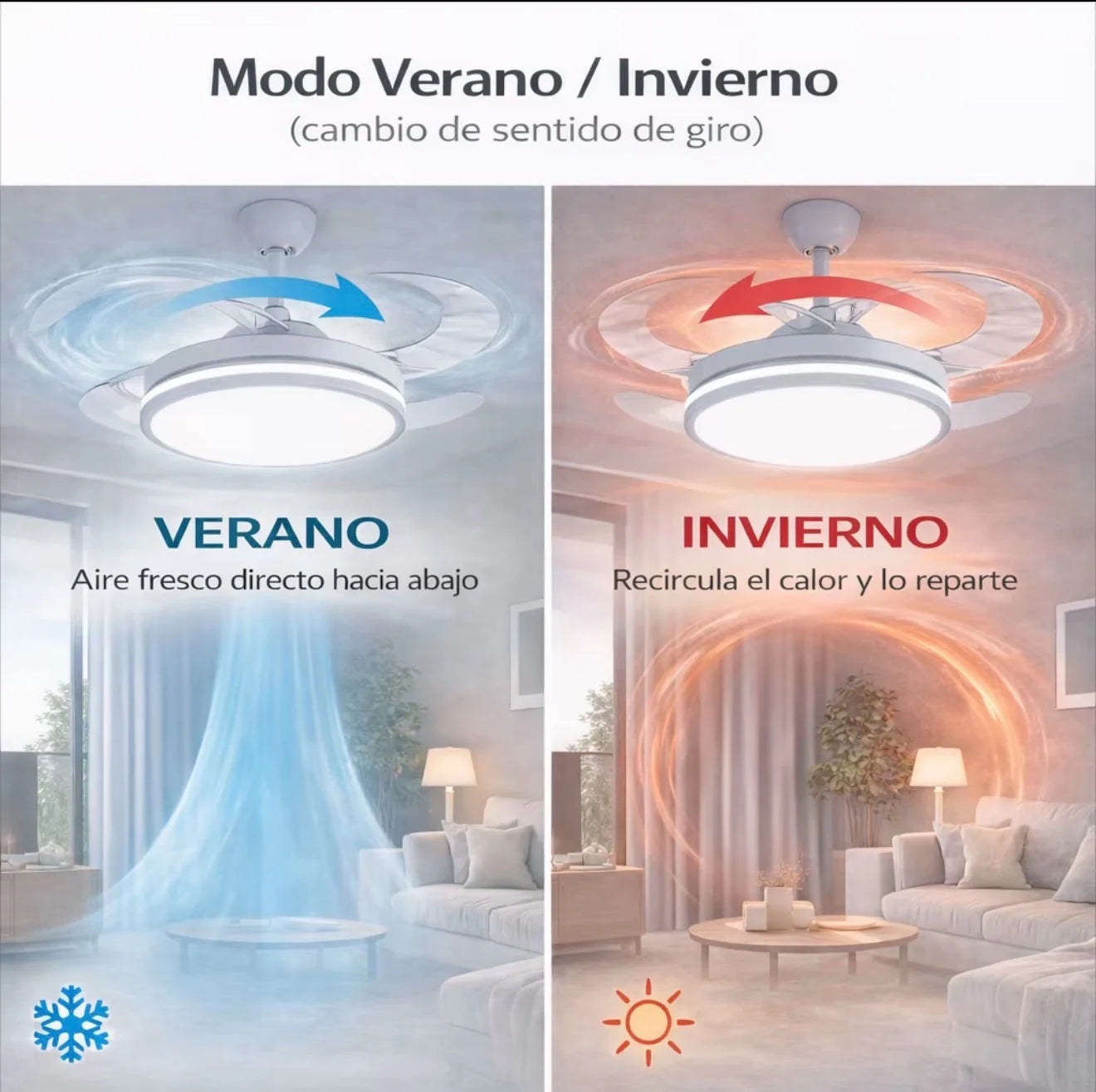 Ventilador de techo  con luz LED 36W Blanco en 3 Temperaturas de Luz con Mando a Distancia -Motor DC Eficiente y Silencioso, 3 tonalidades, aspas desplegables retráctiles, 6 velocidades, control remoto, memoria, temporizador
