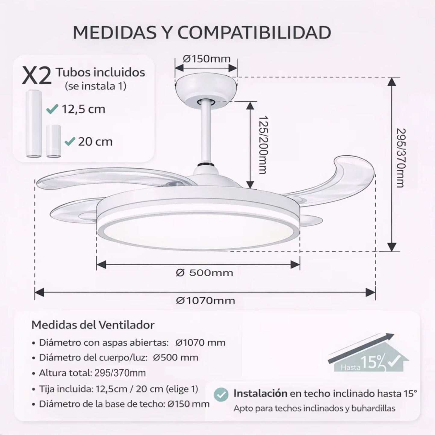 Ventilador de techo  con luz LED 36W Blanco en 3 Temperaturas de Luz con Mando a Distancia -Motor DC Eficiente y Silencioso, 3 tonalidades, aspas desplegables retráctiles, 6 velocidades, control remoto, memoria, temporizador