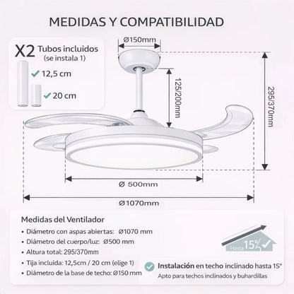 Ventilador de techo  con luz LED 36W Blanco en 3 Temperaturas de Luz con Mando a Distancia -Motor DC Eficiente y Silencioso, 3 tonalidades, aspas desplegables retráctiles, 6 velocidades, control remoto, memoria, temporizador