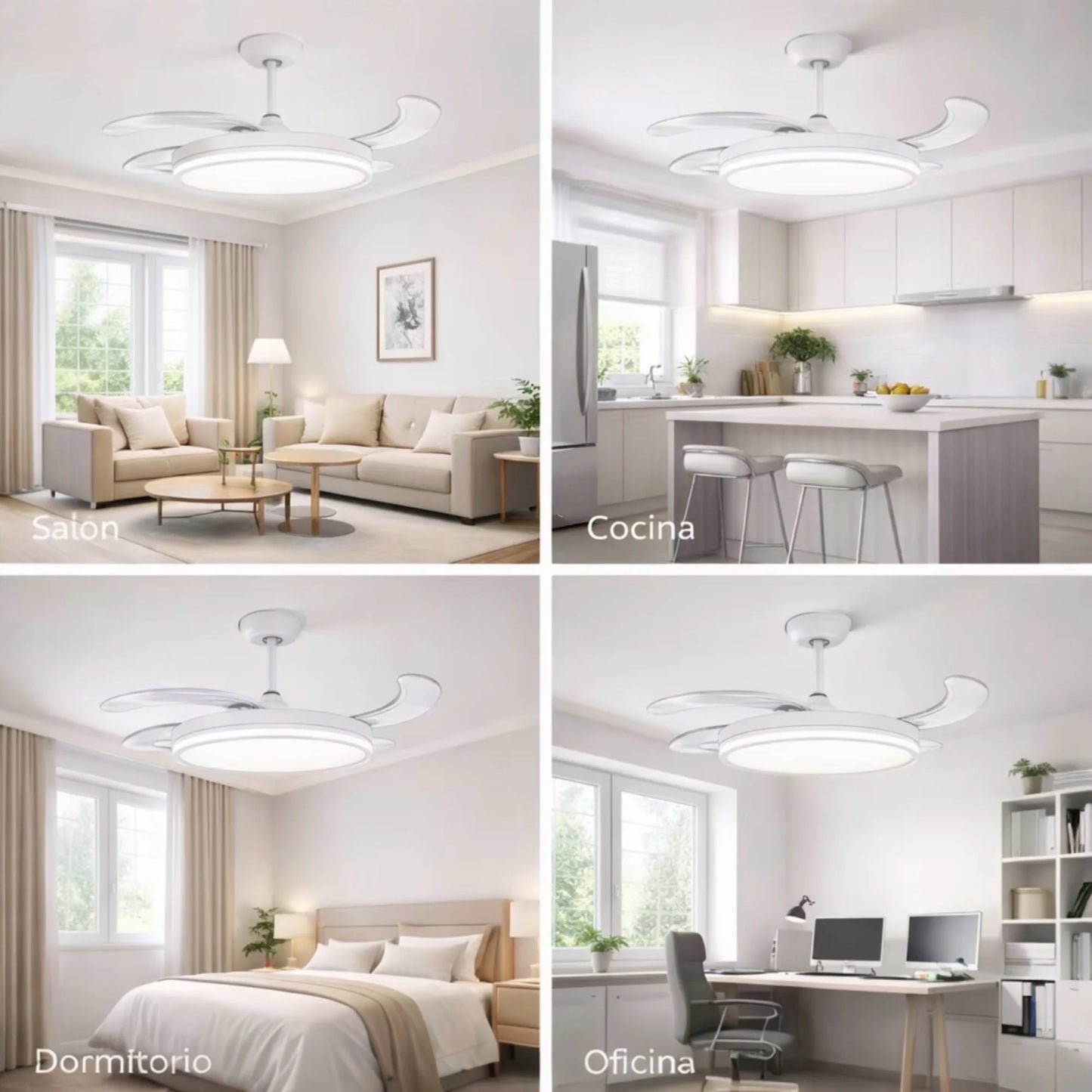 Ventilador de techo  con luz LED 36W Blanco en 3 Temperaturas de Luz con Mando a Distancia -Motor DC Eficiente y Silencioso, 3 tonalidades, aspas desplegables retráctiles, 6 velocidades, control remoto, memoria, temporizador