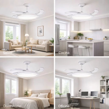 Ventilador de techo  con luz LED 36W Blanco en 3 Temperaturas de Luz con Mando a Distancia -Motor DC Eficiente y Silencioso, 3 tonalidades, aspas desplegables retráctiles, 6 velocidades, control remoto, memoria, temporizador