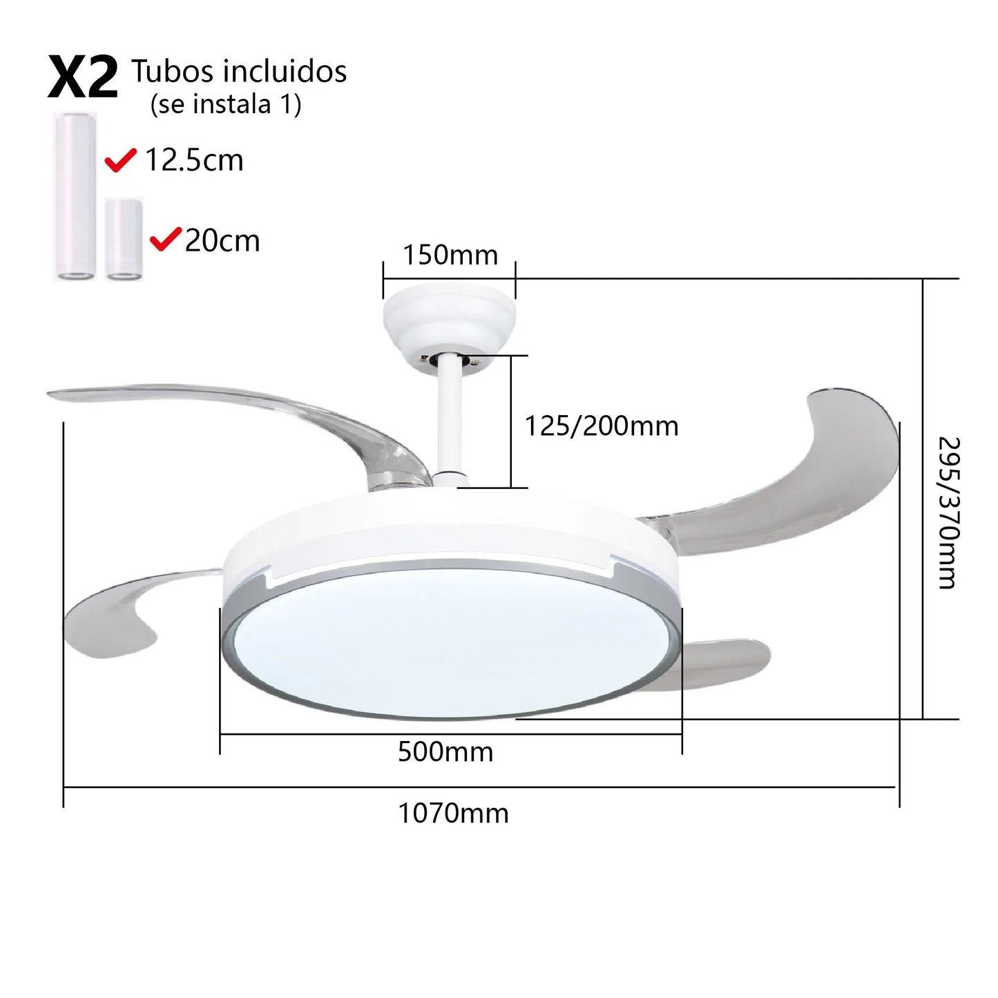Ventilador de techo  con luz LED 36W Blanco en 3 Temperaturas de Luz con Mando a Distancia -Motor DC Eficiente y Silencioso, 3 tonalidades, aspas desplegables retráctiles, 6 velocidades, control remoto, memoria, temporizador