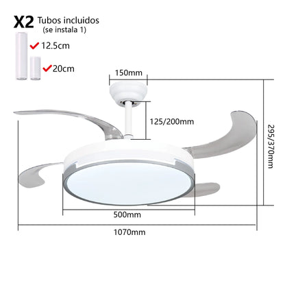 Ventilador de techo  con luz LED 36W Blanco en 3 Temperaturas de Luz con Mando a Distancia -Motor DC Eficiente y Silencioso, 3 tonalidades, aspas desplegables retráctiles, 6 velocidades, control remoto, memoria, temporizador