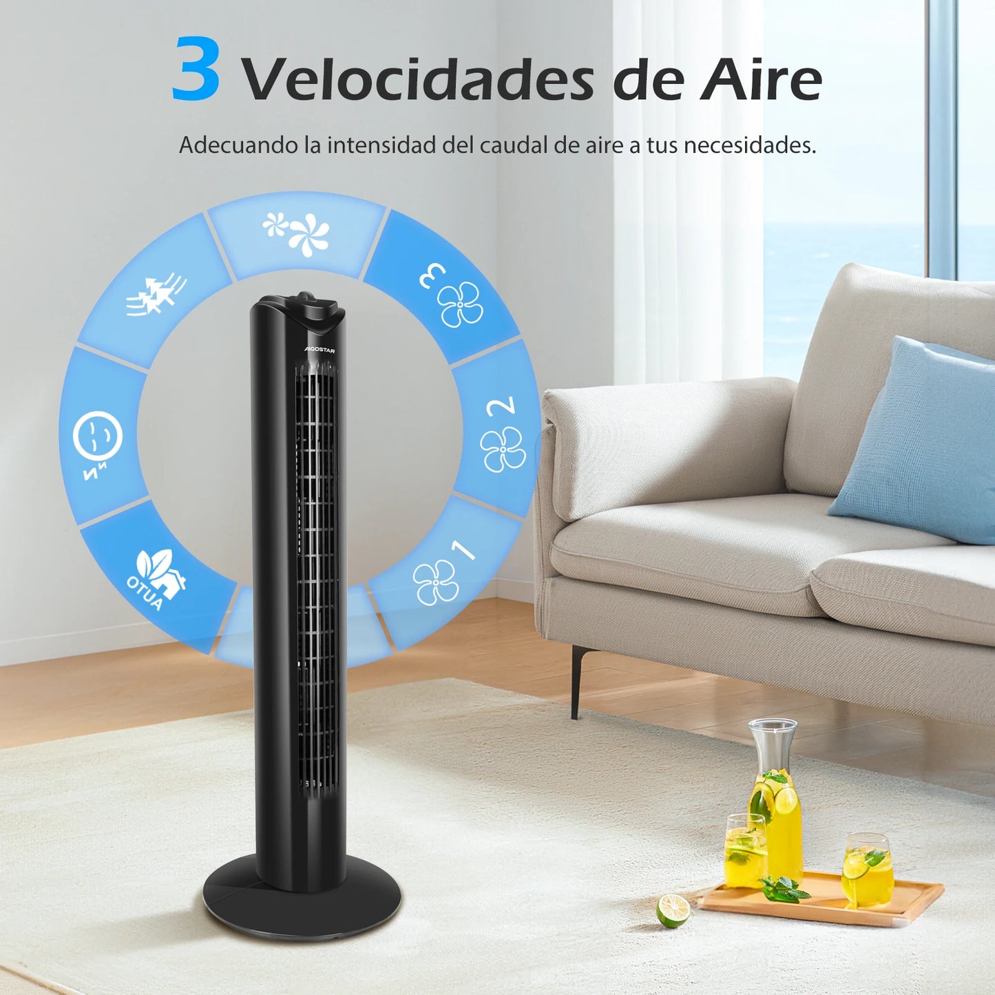 Ventilador de Torre Silencioso, Temporizador 120 min, , 3 Velocidades,