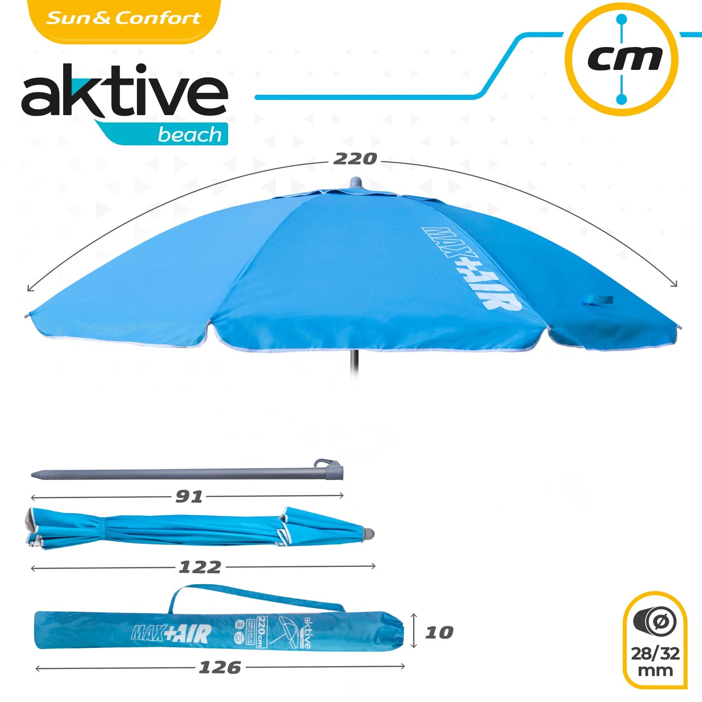 Aktive - Sombrilla playa antiviento.180 cm, 200 cm o 220 cm,