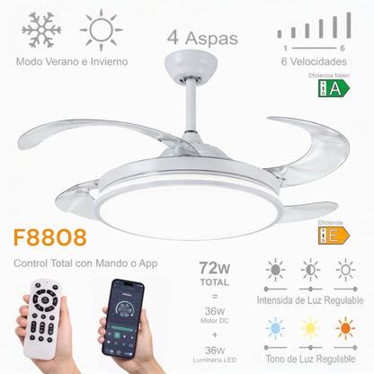 Ventilador de techo  con luz LED 36W Blanco en 3 Temperaturas de Luz con Mando a Distancia -Motor DC Eficiente y Silencioso, 3 tonalidades, aspas desplegables retráctiles, 6 velocidades, control remoto, memoria, temporizador