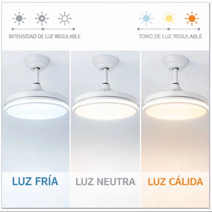 Ventilador de techo  con luz LED 36W Blanco en 3 Temperaturas de Luz con Mando a Distancia -Motor DC Eficiente y Silencioso, 3 tonalidades, aspas desplegables retráctiles, 6 velocidades, control remoto, memoria, temporizador