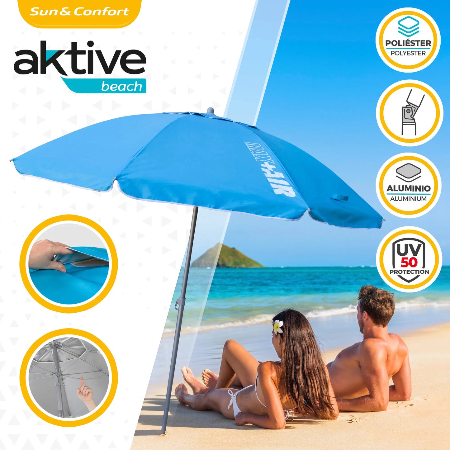 Aktive - Sombrilla playa antiviento.180 cm, 200 cm o 220 cm,