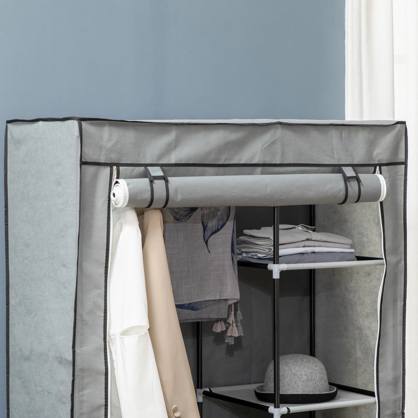 HOMCOM Armario de Tela Plegable con 6 Estantes y 1 Barra 103x43x162,5 cm Gris