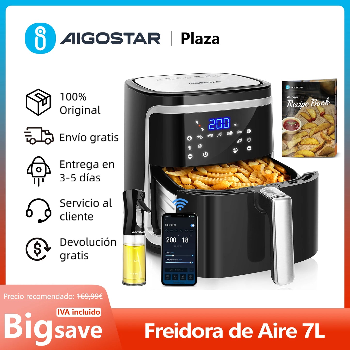Freidora de Aire Inteligente, 7L, Pantalla LED Táctil,