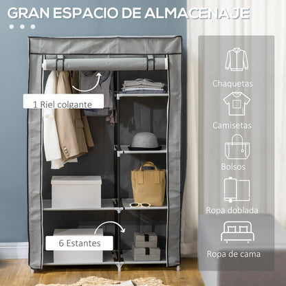 HOMCOM Armario de Tela Plegable con 6 Estantes y 1 Barra 103x43x162,5 cm Gris