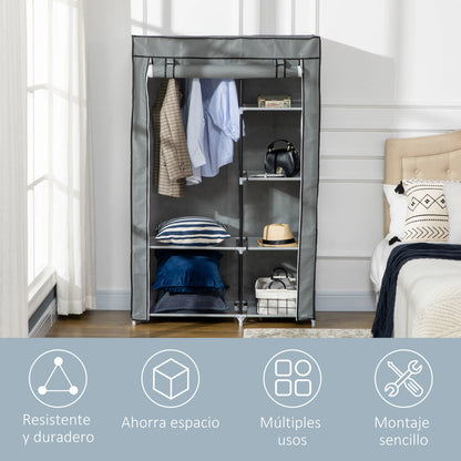HOMCOM Armario de Tela Plegable con 6 Estantes y 1 Barra 103x43x162,5 cm Gris