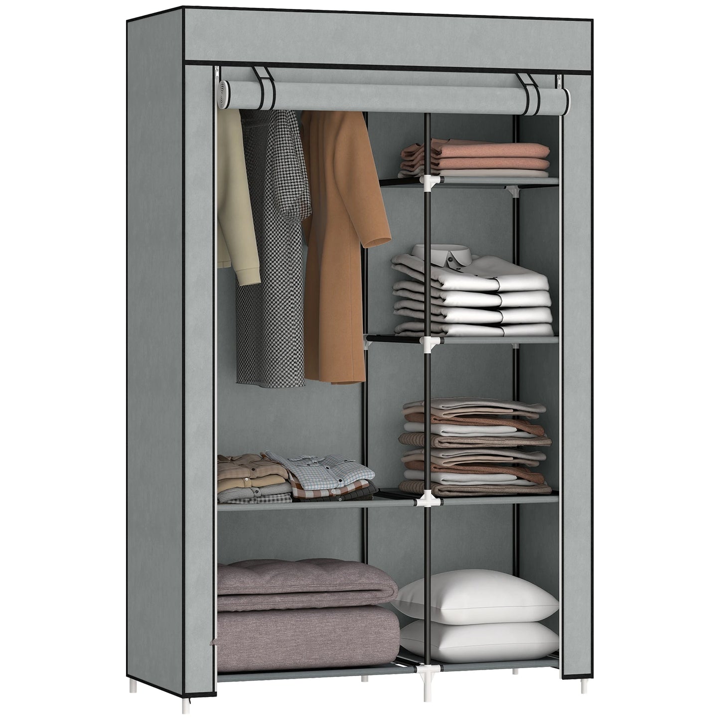 HOMCOM Armario de Tela Plegable con 6 Estantes y 1 Barra 103x43x162,5 cm Gris