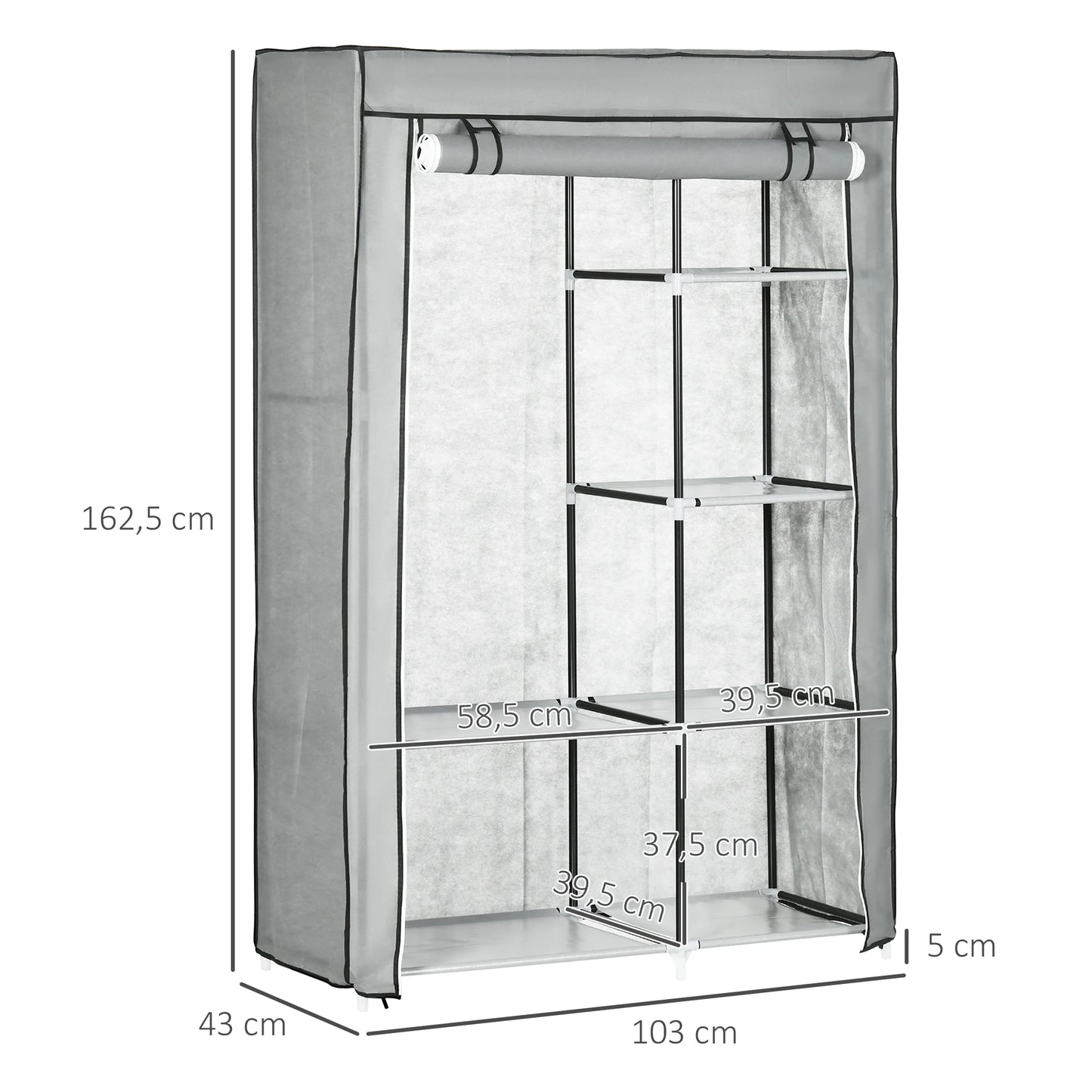 HOMCOM Armario de Tela Plegable con 6 Estantes y 1 Barra 103x43x162,5 cm Gris