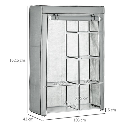 HOMCOM Armario de Tela Plegable con 6 Estantes y 1 Barra 103x43x162,5 cm Gris